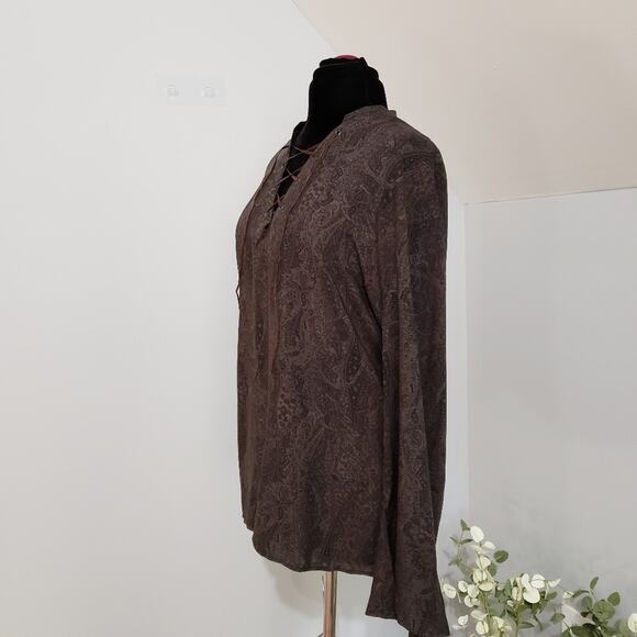 Asos Brown Bell Sleeve V Neck Suede Tie Damask Tunic Small - Picture 2 of 9